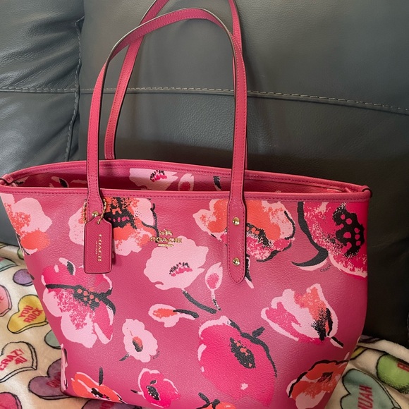 Coach Pink and Red Floral Tote Bag